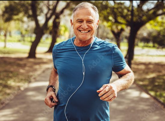 Senior man jogging outdoors for peptide therapy wellness support